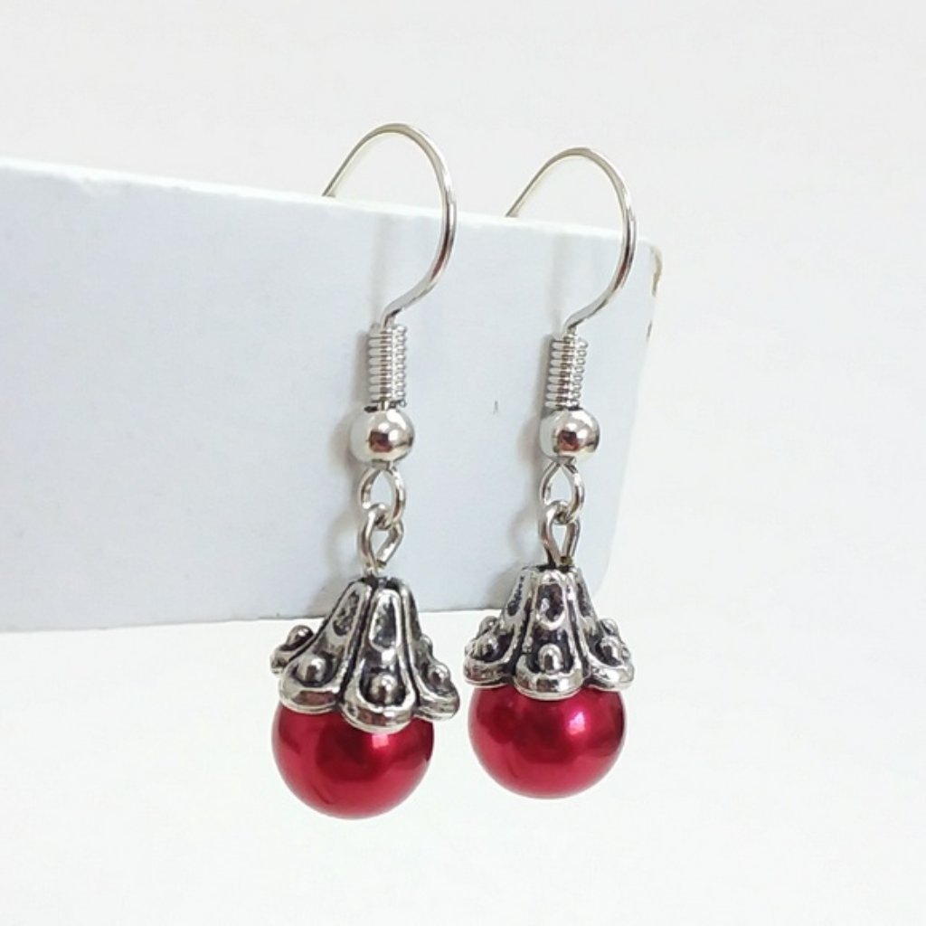 Red Pearl Silver Tone Hook Earrings (Faux Pearl)